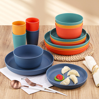 Lot de 4 pièces de vaisselle en paille de blé, motif côtelé vertical, comprenant assiette ronde, bol et tasse, sans BPA, compatible micro-ondes et lave-vaisselle, orange, vente en gros, 4 couleurs