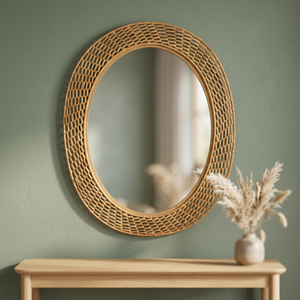 Miroir mural rond en rotin et bois, artisanal, grand format, écologique, léger, couleur miel brun doré, décoration intérieure moderne du milieu du siècle - Product Image 3