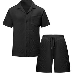 FOXA Mens 2 Piece Summer Outfit <b>Short</b> Sleeve Shirt And <b>Shorts</b> Set Breathable Woven <b>Polyester</b> - Product Image 2