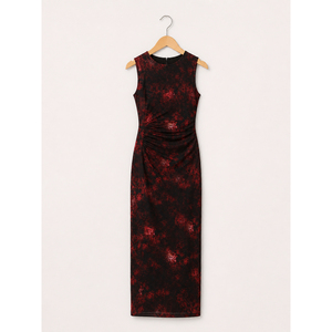 Elegante Vestido Largo sin Mangas en Negro y Rojo con Estampado Abstracto, Estilo Ajustado, Tejido Elástico Suave de Primera Calidad, Ideal para la Noche - Product Image 1