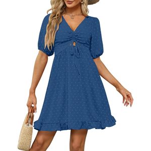 FOXA Women's Short Puff Sleeve Ruffle Dress V-<b>Neck</b> <b>Tie</b> Back A Line Blue S Casual Daily Wear - Product Image 4
