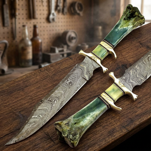 Premium Damascus Steel Straight Edge Clip Point Durable Camping Bowie <b>Knife</b> Green Camel <b>Bone</b> <b>Handle</b> Brass Guard OEM Logo Leather - Product Image 4