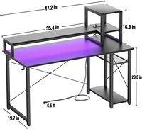 Escritorio Gaming en Forma de L de Madera Pequeño con Luces LED, Soporte Reversible para Monitor y Portátil, Estantes de Almacenamiento, Altura Ajustable, Ecológico y Fácil de Montar