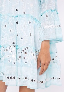 Vestido Mini Bohemio de Manga Acampanada para Mujer, 100% Algodón Ecológico, Bordado Delicado con Espejo, Tono Aqua - Product Image 3