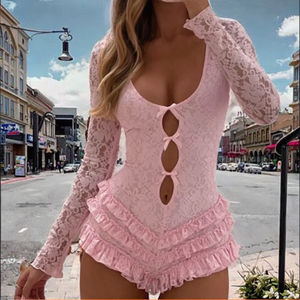 <span class=keywords><strong>Mono</strong></span> de encaje femenino con lazo, manga larga, corte recortado, cintura alta y pantalón de pierna ancha, elegante para invitadas de boda - Product Image 3