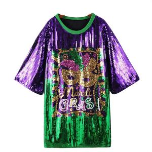 Robe Tunique Décontractée Ample et Respirante pour le Mardi Gras, Motif Floral Pailleté Violet, Vert et Or, Écologique - Product Image 4