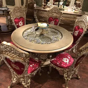 Conjunto de mesa de comedor redonda, mobiliario de estilo clásico italiano real, redondo