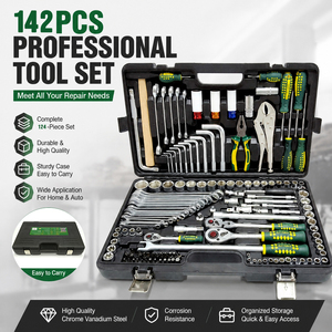 Kit di Attrezzi per Riparazione Auto <span class=keywords><strong>142</strong></span>+2 Pezzi, Set di Chiavi a Bussola CR-V, Cacciaviti, Pinze e Utensili Combinati con Valigetta Portatile - Product Image 1