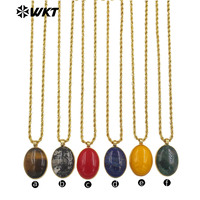 WT-N1539 Collier Pendentif en Gros Plaqué Or avec Grande Pierre Précieuse Ovale Sertie en Bezel et Chaîne Corde