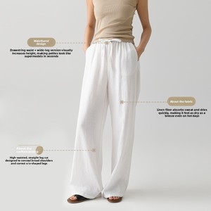 Pantaloni Estivi di Alta Qualità in Puro <span class=keywords><strong>Lino</strong></span> per Donna, Pantaloni Larghi a Vita Alta con Chiusura a Coulisse, Gamba Dritta - Product Image 2