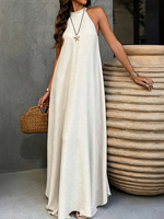Robe longue évasée texturée bleu marine sans manches à col halter, style décontracté pour les vacances, robe de plage ample grande taille pour femme, personnalisation acceptée