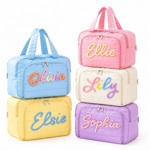 Custom Large Capacity Quilted Cosmetic Organizer Bag, Custom 3D Embroidered Name <b>Travel</b> Toiletry Case - Product Image 1