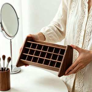 Black Walnut Wood Lipstick <b>Storage</b> Rack <b>With</b> Slanted Compartments Layered Design Makeup Organizer For <b>Dressing</b> <b>Table</b> - Product Image 4