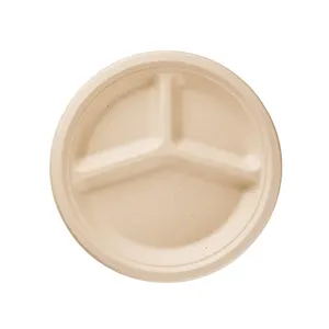 Bagasse Round Plate Restaurant Leakproof Compostable Sugarcane Round Pulp Plate Disposable Bagasse Plate