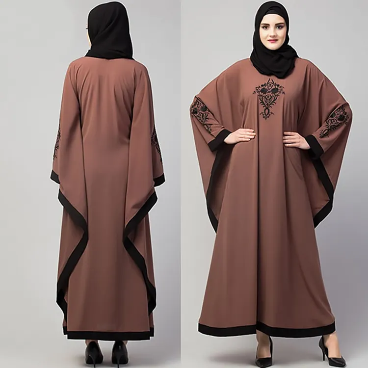 Roupas islâmicas tradicionais farasha abaya 2024 bat manga kaftan abaya marrom com bordado