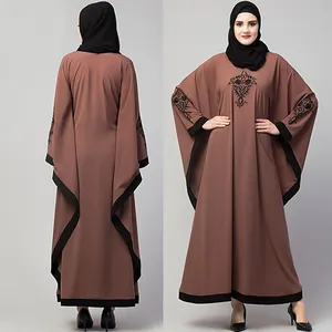 Traditional islamic clothing farasha abaya 2024 bat sleeve kaftan abaya brown with embroidery