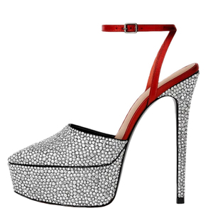 Silver Shiny Diamonds Big Size 45 Women Thick Platform Sandals Wide Fit High Slim <b>Heels</b> <b>Red</b> Ankle Strap Cut Out <b>Heel</b> Shoes - Product Image 1
