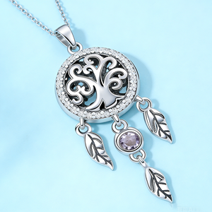 Colgante de hoja estilo bohemio chapado en plata con dije atrapasueños de circonita para mujer, regalo - Product Image 4