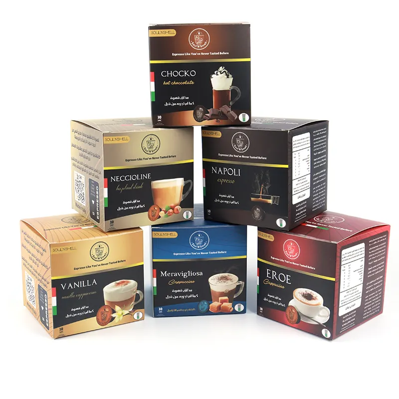 Caixa de papel ondulado para embalagem de alimentos, caixa de papelão personalizada para cápsulas de café instantâneo, saquinho plano para chá