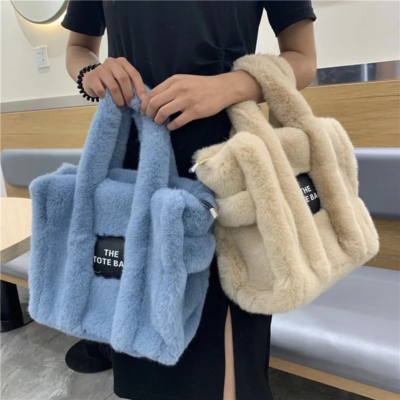 Custom Winter Woolen Faux Fur Large Capacity Simple Shoulder Handbag Ladies Women Tote Bag