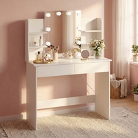 Meuble de chambre à coucher moderne, table cosmétique blanche avec 4 étagères de rangement, 2 tiroirs, miroir de vanité et éclairage LED