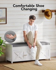 Banc de rangement blanc SENYU style ferme avec coussin gris et portes à panneaux en X, meuble d'entrée pour rangement de chaussures et organisation domestique - Product Image 2