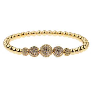 Gold Plated Diamond Ball Bead Bracelet With Gold Brass Micro Pave CZ Beads Bracelet Charm Stretchy Chain Bracelet