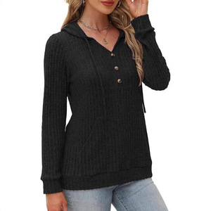 Suéter de Punto con Capucha para Mujer, Nuevo Modelo 2026, Cuello en V con Botones, Manga Larga, Estilo Casual Holgado para Otoño e Invierno - Product Image 3
