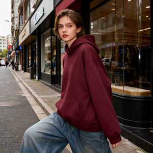 TKAN451D เสื้อผ้าแนวสตรีทแบบไม่มีเชือกรูดสำหรับผู้หญิงไซส์ใหญ่พิเศษเสื้อฮู้ดกระเป๋าผ้าคอตตอน100% ไหล่ปล่อยสีพื้นหลวมให้ความอบอุ่น - Product Image 1