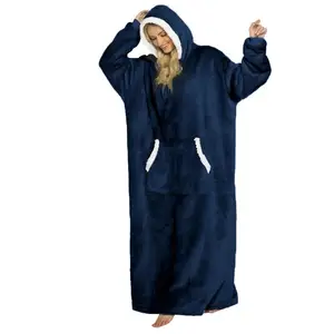 Mùa Đông Mặc Hoodie Chăn Với Tay Áo Lông Cừu Quá Khổ Siêu Dài Phụ Nữ Pajama Mềm Ấm Áo Sherpa Chăn