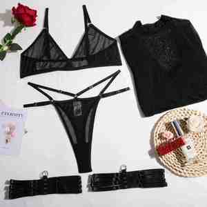 Nuevo diseño de boutiques, conjunto de lencería Sexy, sujetador transparente, Tanga, liguero, ropa bordada a la moda, bragas, ropa interior Sexy para mujer - Product Image 5