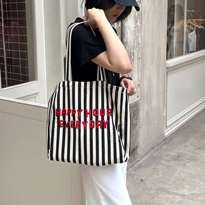 Tùy Chỉnh Phụ Nữ Tái Sử Dụng Hàng Tạp Hóa Lớn Sọc Kinh Tế Bãi Biển Bông Vải <span class=keywords><strong>Tote</strong></span> Túi Với Thêu Logo Cho Làm Việc Weekender - Product Image 2