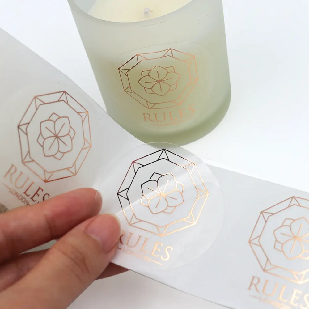 Wholesale Custom Logo Design Waterproof Gold Foil Stamping Clear Labels Roll Packaging Candle Label