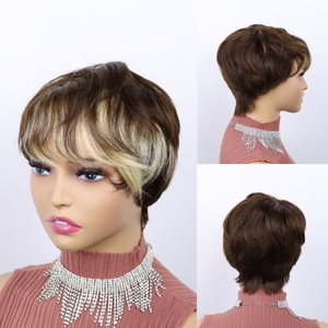 Parrucca economica con capelli umani a Bob corti con <span class=keywords><strong>frangetta</strong></span> <span class=keywords><strong>bionda</strong></span> Highlight naturale capelli ondulati parrucca senza lacci vera colla a taglio Pixie - Product Image 4