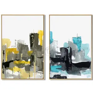 100% Hand-painted High Quality Modern Ink Painting on Canvas for Wall Art Decor Yellow Blue and Black Abstract Oil Painting