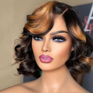 วิกผมสั้นสีบ๊อบวิกผมสั้นสำหรับผู้หญิงผมแท้แบบชาวเปรูผมสีดำทำจากลูกไม้ด้านหน้าแบบเต็มศีรษะ - Product Image 3