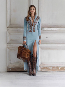 Vestido Vaquero Occidental para <span class=keywords><strong>Mujer</strong></span> con Cremallera, Bordado Floral Vintage y Flecos Largos, Ajuste Delgado, Colección 2026 - Product Image 3