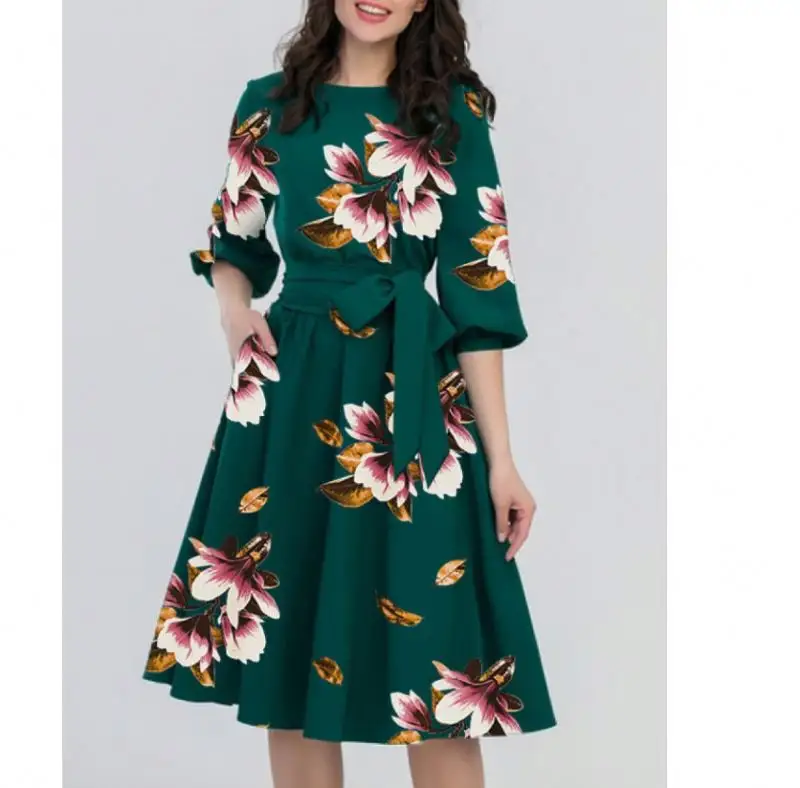YP Women Spring 50s 60s Style Half Sleeve Big Swing Party Dresses Plus Size Casual Vestido Floral Print Vintage Dress