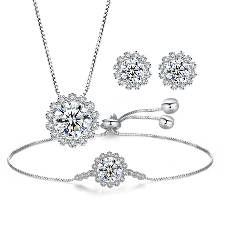 Conjunto de joyería de boda de moissanita fina para mujer, conjunto de collar, anillos, pulsera y pendientes de plata de ley 925, venta al por mayor