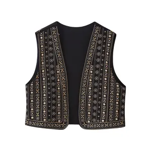 Open stitch embroidery black color v neck casual fashion vest waistcoat for women