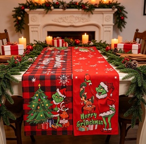 Hot Sale Grinch <b>Christmas</b> Table <b>Runner</b> Decoration Set Fabric Tabletop Cover Holiday Dining Home Ornaments - Product Image 1