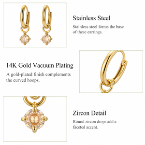 Zircon Drop Hoop <b>Earrings</b> Stainless Steel 14K Gold Vacuum Plated <b>Hinged</b> Hoops with Round Champagne Color Stone Detail - Product Image 4