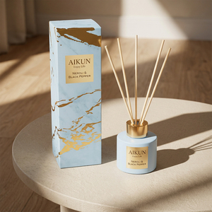 Aikun <b>200ml</b> Marble Box Any Scent Long Lasting Blue Ceramic Metal Nickel Logo Reed Diffuser Gift Set For Holiday Gift Buyers - Product Image 1
