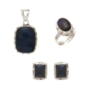 925 Sterling Silver Jewelry Set Rectangle Pendant Stud Earrings Ring Bezel Setting Labradorite Gemstone Women's Everyday wear - Product Image 1