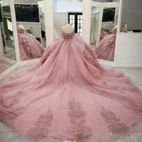 Glitzerndes Formelles Partykleid mit Perlenstickerei Süße 16 Kristall-Ballkleid Vestidos De 15 Anos Langes Schleppkleid Rosa Quinceanera-Kleider MQ739