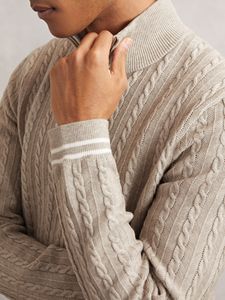 Suéter Masculino Bege de Tricô Trançado com Meio Zíper, Gola com Detalhes Contrastantes, Mistura de Lã, Estilo Casual Elegante - Product Image 4