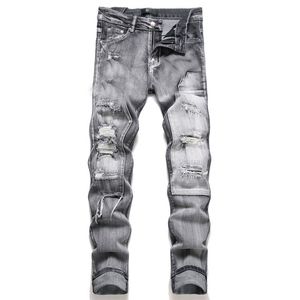 Nouveau jean d'hiver pour homme, tendance, décontracté, coupe <span class=keywords><strong>slim</strong></span> droite, style urbain, gris délavé, avec patchwork perforé et broderies tricotées - Product Image 1