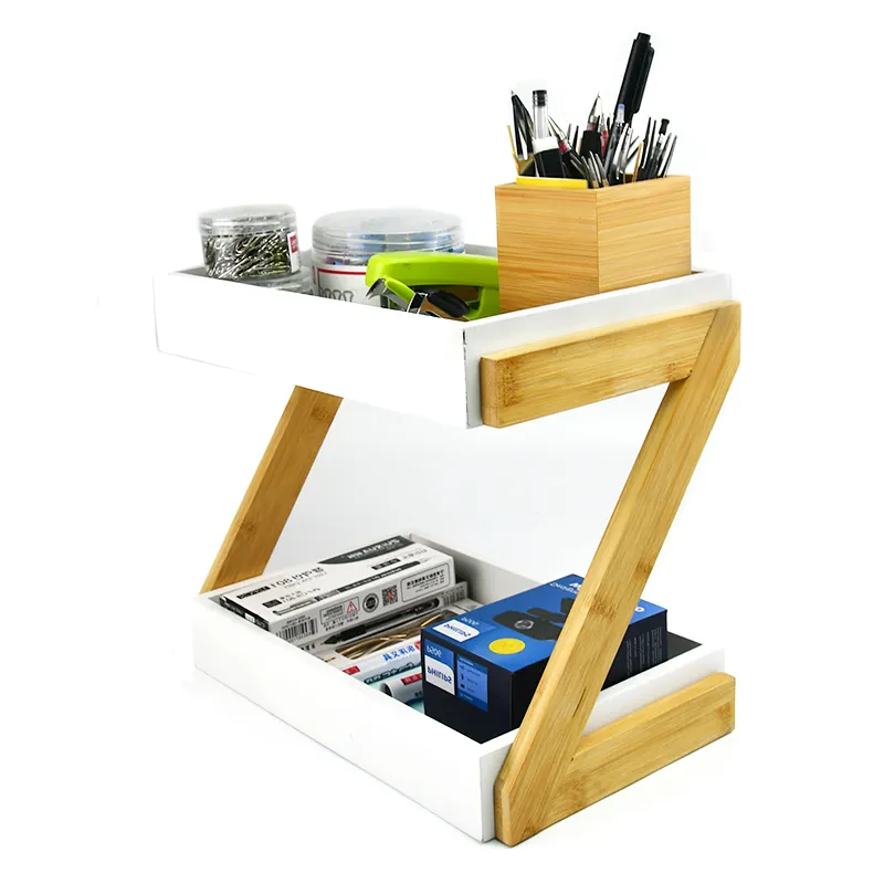 Multifunction 2 Layer File Tray Book Holder Stand Bamboo Document Desk Organizer Office Accessory Storage Case