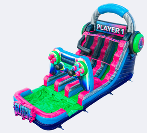 สไลเดอร์เป่าลมแบบสอง<span class=keywords><strong>เลน</strong></span>พร้อมสระน้ำตกแต่งธีมเกมส์ สำหรับเช่าจัดงานปาร์ตี้กลางแจ้ง สนุกสนานกับน้ำ - Product Image 1