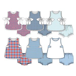 Précommande MOQ 5 – Ensemble d'été à volants pour filles, motif écossais, vente en gros, vêtements pour frères et sœurs, boutique Trendyism, Spandex Bio - Product Image 1